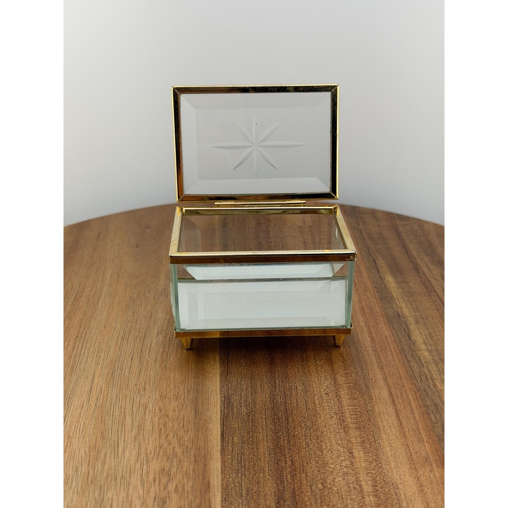 Vintage Beveled Glass Trinket Box Starburst Jewelry Box Brass Trim Pointed Feet - Picture 14 of 17